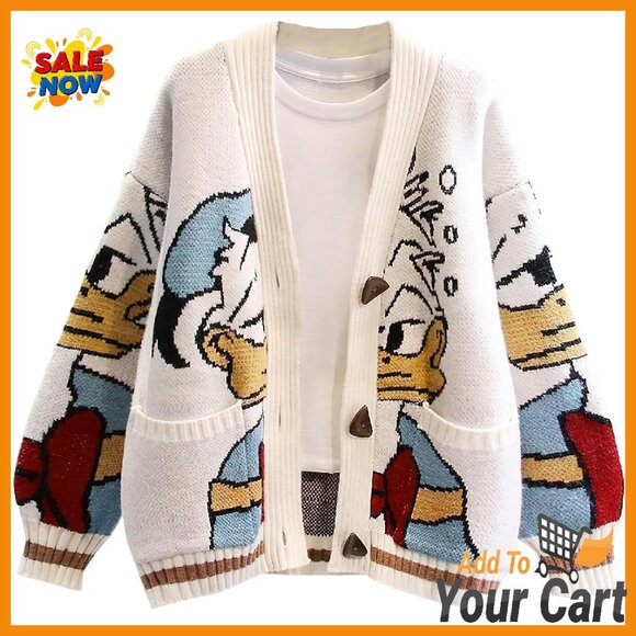 Sweaters - Chunky Knit Cardigan with Duck Embroidery, Wool Blend, One Size